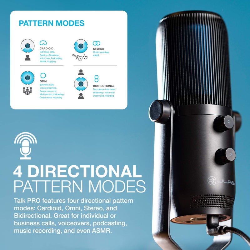 JLab Talk Pro USB Microphone, USB-C Output, Cardioid, Omnidirectional, Stereo, Bidirectional, 192k Sample Rate, 20Hz-20kHz Frequency Response, Volume, Gain Control, Quick Mute, Plug & Play - Image 4